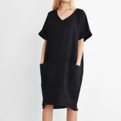Women's Casual Dress Cotton Linen Dress Midi Dress Linen Cotton Blend Casual Daily Holiday Going Out V Neck Pocket Rolled Cuff Short Sleeve Summer Spring 2023 Loose Fit Black White Wine Pure Color S -Slay Clothing Shop c64fd779 84c1 4245 b727 9fea080532df