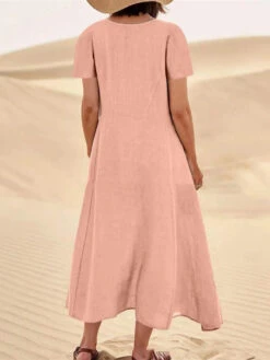 Women's Cotton Linen Maxi Dress Swing Crew Neck Short Sleeve Pockets Summer Spring Loose Fit Plain Pink Sky Blue Khaki -Slay Clothing Shop c67c6178 a10f 4de2 a755 1dfd04162d47