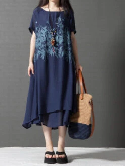 Women's Casual Dress Cotton Linen Dress White Dress Midi Dress Cotton Blend Basic Casual Outdoor Daily Vacation Crew Neck Print Short Sleeve Summer Spring 2023 Loose Fit White Navy Blue Flower M L XL -Slay Clothing Shop c7d75a5d f907 4eff a34d 8995ce0eea97