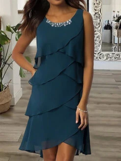Women‘s Work Dress Wedding Guest Party Dress Chiffon Dress Semi Formal Dress Fashion Midi Dress Ruffle Layered Crew Neck Sleeveless Plain Loose Fit Dark Blue Summer Spring S M L XL XXL -Slay Clothing Shop c89a57c9 89e0 4a1d 8649 6b6d236d7e15