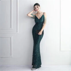 Mermaid / Trumpet Evening Gown Sparkle & Shine Dress Formal Wedding Guest Floor Length Short Sleeve Spaghetti Strap Polyester With Beading Sequin 2024 -Slay Clothing Shop c8b82d63 3804 4cb9 b807 3e5455ad13db