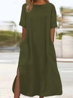 Women's ArmyGreen Casual Maxi Dress Cotton Linen Blend Crew Neck Pocket Split Short Sleeve 2024 Spring -Slay Clothing Shop c8dcdb40 fd6e 449f 9a49 336c6623a6ff