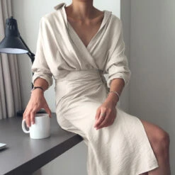 Women's Shirt Dress Wrap Dress Midi Dress Brown Dark Blue Beige Long Sleeve Pure Color Lace Summer Spring Deep V Elegant Winter Dress Fall Dress Loose Fit 2023 S M L XL -Slay Clothing Shop ca17f2d4 f092 445c aab0 c8038c609b76