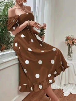 Women's Summer Dress Polka Dot Dress Polka Dot Print Ruched Square Neck Midi Dress Fashion Modern Daily Holiday Short Sleeve Slim Black Blue Brown Summer Spring S M L XL -Slay Clothing Shop ca4e66a8 2919 4709 a30d 01c0789f63f5