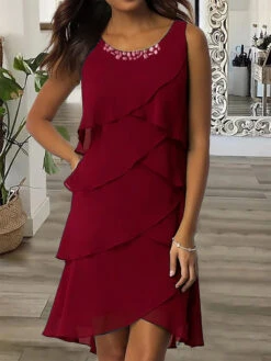 Women‘s Work Dress Wedding Guest Party Dress Chiffon Dress Semi Formal Dress Fashion Midi Dress Ruffle Layered Crew Neck Sleeveless Plain Loose Fit Dark Blue Summer Spring S M L XL XXL -Slay Clothing Shop cae9773b 38dd 4f45 be65 a07256657d96