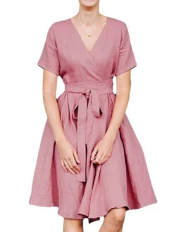 Women's Casual Dress Cotton Linen Dress Swing Dress Mini Dress Bamboo Fashion Modern Outdoor Daily Vacation V Neck Ruched Tie Belt Short Sleeve Summer Spring 2023 Regular Fit Pink Royal Blue Green -Slay Clothing Shop cb448802 fc9b 421f b049 e1fa8771ad2a