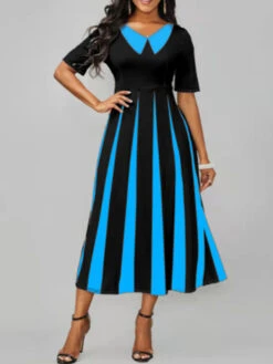 Women's Work Dress Semi Formal Dress A Line Dress Fashion Midi Dress Print Shirt Collar Short Sleeve Color Block Stripe Regular Fit Black Wine Royal Blue Summer Spring S M L XL XXL -Slay Clothing Shop cbbde75b aad1 4c56 b8f0 1ff342335a6f
