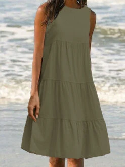 Women's Casual Dress Cotton Linen Dress A Line Dress Midi Dress Cotton Blend Basic Modern Outdoor Daily Vacation Crew Neck Ruched Patchwork Sleeveless Summer Spring 2023 Regular Fit ArmyGreen Black