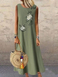 Women's Casual Dress Cotton Dress A Line Dress Maxi Long Dress Cotton Blend Basic Modern Outdoor Daily Vacation Crew Neck Print Sleeveless Summer Spring 2023 Loose Fit Blue Green Gray Floral Flower M