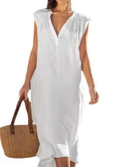 Women's Casual Dress Cotton Linen Dress Shift Dress Midi Dress Cotton Blend Basic Classic Outdoor Daily V Neck Basic Sleeveless Summer Spring 2023 Loose Fit White Navy Blue Blue Plain S M L XL 2XL -Slay Clothing Shop cc5a39b6 32cd 4262 a548 8738277d3d83