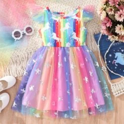 Kids Girls' Dress Leaf Unicorn Cloud Sleeveless Outdoor Mesh Daily Polyester 60-70 Cm A Line Dress Summer 3-7 Years Multicolor White Green
