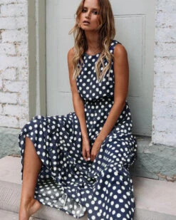 Women's Casual Dress Swing Dress Boho Dress Maxi Long Dress Black Yellow Navy Blue Sleeveless Polka Dot Ruched Summer Spring Fall Crew Neck Fashion Birthday Vacation Summer Dress 2023 S M L XL XXL