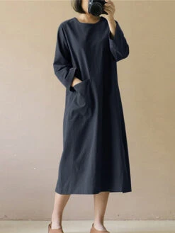 Women's Casual Dress Cotton Linen Dress Midi Dress Cotton Blend Basic Casual Outdoor Daily Vacation Crew Neck Pocket Long Sleeve Summer Spring Fall 2023 Loose Fit Black Wine Navy Blue Plain S M L XL -Slay Clothing Shop cda06783 fbb1 4021 99af 154da8a8146e