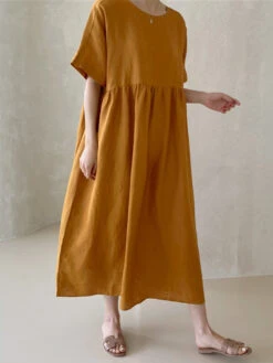 Women's Casual Dress Cotton Linen Dress Tiered Dress Maxi Long Dress Linen / Cotton Blend Daily Casual Outdoor Home Daily Crew Neck Pocket Short Sleeve Summer Spring 2023 Loose Fit Yellow Pink Plain -Slay Clothing Shop cda724be 0cc5 4c06 991a 8578a4d646ba