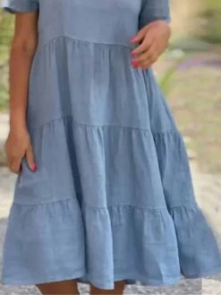 Women's Casual Dress Cotton Linen Dress Midi Dress Cotton Blend Basic Modern Outdoor Daily Vacation V Neck Ruched Short Sleeve Summer Spring 2023 Regular Fit Blue Plain S M L XL 2XL -Slay Clothing Shop ce6ce23f 706b 4134 a709 f3ea7f32f5f3