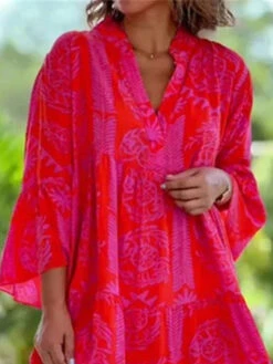 Women's Casual Dress Swing Dress Tiered Dress Floral Geometric Ruffle Print V Neck Midi Dress Fashion Modern Daily Holiday 3/4 Length Sleeve Loose Fit Fuchsia Summer Spring S M L XL XXL -Slay Clothing Shop ced93cb4 8c3f 4cc5 8f65 d16629db4367