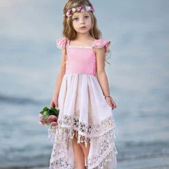 Kids Little Girls' Dress Casual Princess Color Block Tassel Pleated Asymmetric Blushing Pink Vacation Boho Dresses Summer