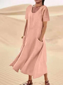 Women's Cotton Linen Maxi Dress Swing Crew Neck Short Sleeve Pockets Summer Spring Loose Fit Plain Pink Sky Blue Khaki -Slay Clothing Shop d121e0d8 a07f 44e4 a5db 1a1c65fb3f38