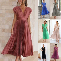 Women's Prom Dress Party Dress Wedding Guest Dress Long Dress Maxi Dress Black Pink Wine Short Sleeve Pure Color Pleated Summer Spring Fall V Neck Fashion Evening Party Wedding Guest Vacation Loose
