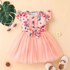 Kids Girls' Floral Dress Floral Flower Short Sleeve Casual Fashion Daily Cotton Above Knee Casual Dress A Line Dress Summer Spring 0-5 Years Champagne Yellow Pink
