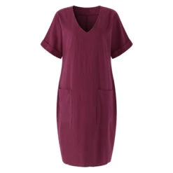 Women's Casual Dress Cotton Linen Dress Midi Dress Linen Cotton Blend Casual Daily Holiday Going Out V Neck Pocket Rolled Cuff Short Sleeve Summer Spring 2023 Loose Fit Black White Wine Pure Color S -Slay Clothing Shop d1f15f4c 2d71 46b6 b3b9 4156104b4c6e