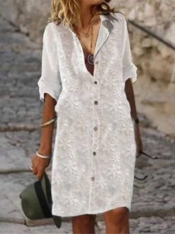 Women's Shirt Dress Casual Dress Cotton Linen Dress Midi Dress Cotton Blend Fashion Elegant Outdoor Daily Shirt Collar Lace Patchwork Half Sleeve Summer Spring Fall 2023 Regular Fit White Plain S M L