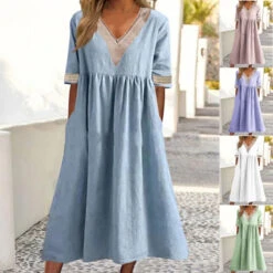 Women's Casual Dress Cotton Linen Dress Swing Dress Midi Dress Cotton Blend Fashion Basic Outdoor Daily Vacation V Neck Lace Ruched Half Sleeve Summer Spring Fall 2023 Loose Fit White Pink Blue Plain