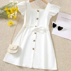 Kids Girls' Dress Solid Colored Short Sleeve Daily Holiday Lace Up Ruched Cute Beautiful Polyester Above Knee A Line Dress Summer 4-12 Years White