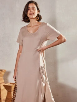 Women's Cotton Linen Maxi Dress Swing Crew Neck Short Sleeve Pockets Summer Spring Loose Fit Plain Pink Sky Blue Khaki -Slay Clothing Shop d47ffb9f 6802 4ee8 b105 282dfee7996c