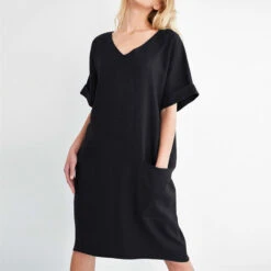 Women's Casual Dress Cotton Linen Dress Midi Dress Linen Cotton Blend Casual Daily Holiday Going Out V Neck Pocket Rolled Cuff Short Sleeve Summer Spring 2023 Loose Fit Black White Wine Pure Color S -Slay Clothing Shop d54ba68d f5bf 41b8 be74 2d73dde5af8e