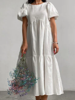 Women's Casual Dress Summer Dress Plain Dress Plain Ruched Crew Neck Puff Sleeve Midi Dress Fashion Modern Outdoor Daily Short Sleeve Regular Fit White Fuchsia Green Summer Spring S M L XL XXL