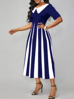 Women's Work Dress Semi Formal Dress A Line Dress Fashion Midi Dress Print Shirt Collar Short Sleeve Color Block Stripe Regular Fit Black Wine Royal Blue Summer Spring S M L XL XXL -Slay Clothing Shop d68276d4 777d 4f01 880b 5d2b012a56bb