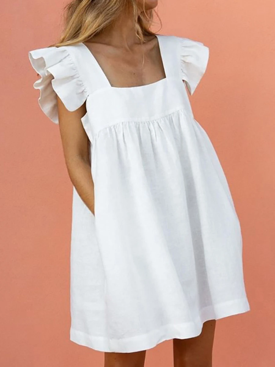 Women's Casual Dress Cotton Linen Dress Shift Dress Mini Dress Cotton Blend Fashion Basic Outdoor Daily Square Neck Ruched Ruffle Sleeveless Summer Spring 2023 Regular Fit White Yellow Red Pure Color 5 Women's Casual Dress Cotton Linen Dress Shift Dress Mini Dress Cotton Blend Fashion Basic Outdoor Daily Square Neck Ruched Ruffle Sleeveless Summer Spring 2023 Regular Fit White Yellow Red Pure Color - Image 5