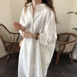 Women's Korean Lazy Style Simple Long Over-the-knee Shirt Solid Color Lapel Cardigan Shirt Sunscreen Shirt Dress -Slay Clothing Shop d73691de 1f41 4056 a13b 4ab8f8580d09