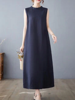 Women's Casual Dress Cotton Linen Dress A Line Dress Midi Dress Linen Cotton Blend Basic Modern Outdoor Daily Vacation Stand Collar Pocket Sleeveless Summer Spring 2023 Loose Fit Navy Blue Apricot -Slay Clothing Shop d76db83f 6bb4 404c 987f 880ac8433857