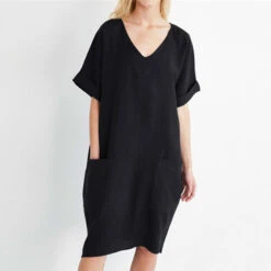 Women's Casual Dress Cotton Linen Dress Midi Dress Linen Cotton Blend Casual Daily Holiday Going Out V Neck Pocket Rolled Cuff Short Sleeve Summer Spring 2023 Loose Fit Black White Wine Pure Color S