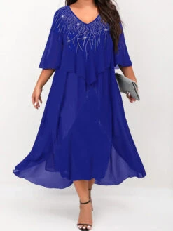 Women's Plus Size Work Dress A Line Dress Solid Color Midi Dress Half Sleeve Layered V Neck Fashion Daily Blue Summer Spring L XL XXL 3XL 4XL