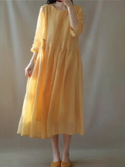 Women's Casual Dress Cotton Linen Dress Swing Dress Midi Dress Cotton Blend Basic Casual Outdoor Daily Vacation Crew Neck Ruched Pocket 3/4 Length Sleeve Summer Spring 2023 Loose Fit Yellow Gray Plain -Slay Clothing Shop d88d408a fc90 4f2c ad2f dc3178ff314e