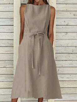 Women's Casual Dress Cotton Summer Dress Midi Dress Linen Cotton And Linen Lace Up Pocket Basic Classic Daily Vacation Crew Neck Sleeveless Summer Spring Navy Blue Orange Plain -Slay Clothing Shop d8b28f97 dd44 41c2 b89d 9eef642d2142