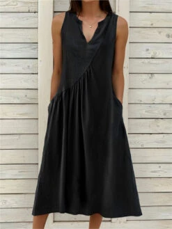 Women's White Dress Cotton Linen Dress Midi Dress Linen Ruched Pocket Basic Casual Daily Vacation V Neck Sleeveless Summer Spring Black White Plain -Slay Clothing Shop d8d8d58f 647f 4e6f 8b24 8f399b3b40c2