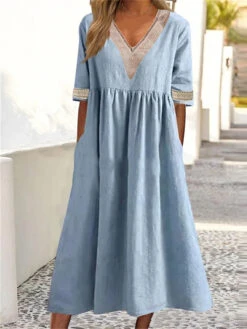 Women's Casual Dress Cotton Linen Dress Swing Dress Midi Dress Cotton Blend Fashion Basic Outdoor Daily Vacation V Neck Lace Ruched Half Sleeve Summer Spring Fall 2023 Loose Fit White Pink Blue Plain -Slay Clothing Shop d9256250 2e0c 4e3b 9add c9aeda66fef2