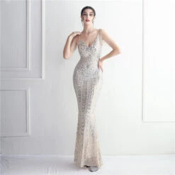 Mermaid / Trumpet Evening Gown Sparkle & Shine Dress Formal Wedding Guest Floor Length Short Sleeve Spaghetti Strap Polyester With Beading Sequin 2024 -Slay Clothing Shop da0937b6 e9ba 47e4 86f8 1d9153306098