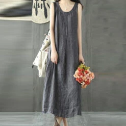 Women's Casual Dress Cotton Linen Dress Shift Dress Maxi Long Dress Cotton Blend Casual Daily Holiday Vacation Crew Neck Pocket Cold Shoulder Sleeveless Summer Spring 2023 Regular Fit Black Gray Pure -Slay Clothing Shop da15fb0c 9dfb 4ffd bdee 6612c55adb82