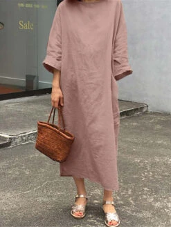 Women's Cotton Linen Dress Casual Dress Midi Dress Cotton Blend Basic Casual Outdoor Daily Crew Neck Pocket 3/4 Length Sleeve Summer Spring 2023 Loose Fit Black White Pink Pure Color S M L XL 2XL -Slay Clothing Shop dbca0380 b595 44dc a0f0 314c911ed9bf