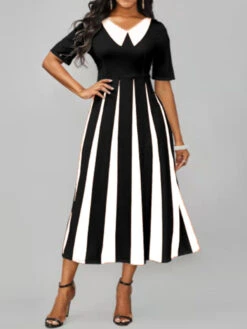 Women's Work Dress Semi Formal Dress A Line Dress Fashion Midi Dress Print Shirt Collar Short Sleeve Color Block Stripe Regular Fit Black Wine Royal Blue Summer Spring S M L XL XXL