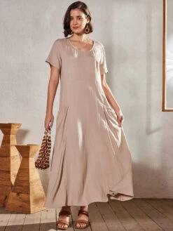 Women's Cotton Linen Maxi Dress Swing Crew Neck Short Sleeve Pockets Summer Spring Loose Fit Plain Pink Sky Blue Khaki -Slay Clothing Shop dc84b4f8 63b9 41ae 8e82 c32fdad7a91d