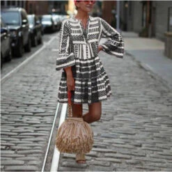 Women's Casual Dress Ethnic Dress Geometric Striped Print Smocked V Neck Flare Cuff Sleeve Mini Dress Gothic Boho Daily Holiday 3/4 Length Sleeve Loose Fit Summer Spring S M L XL XXL -Slay Clothing Shop dc8b1ea9 76c3 4dcf 996c 23fb87327893