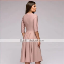 Women's Party Dress Tie Front Belted Crew Neck 3/4 Length Sleeve Midi Dress Elegant Classic Navy Blue Beige Spring -Slay Clothing Shop dcc574da d59e 485a 8875 c94f53f6e4c4
