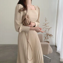 Women's Party Dress Wedding Guest Dress A Line Dress Midi Dress Pink Khaki Long Sleeve Pure Color Ruched Spring Fall Winter Square Neck Modern Winter Dress Vacation Fall Dress Slim 2023 S M L XL -Slay Clothing Shop dd314144 31a9 4d38 95a6 b1cfd7bfa76b