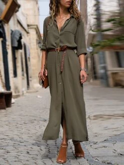 Women's Shirt Dress Maxi Long Dress Black Army Green Navy Blue Long Sleeve Solid Color Button Spring Summer Shirt Collar Stylish Work Formal Loose 2023 S M L XL